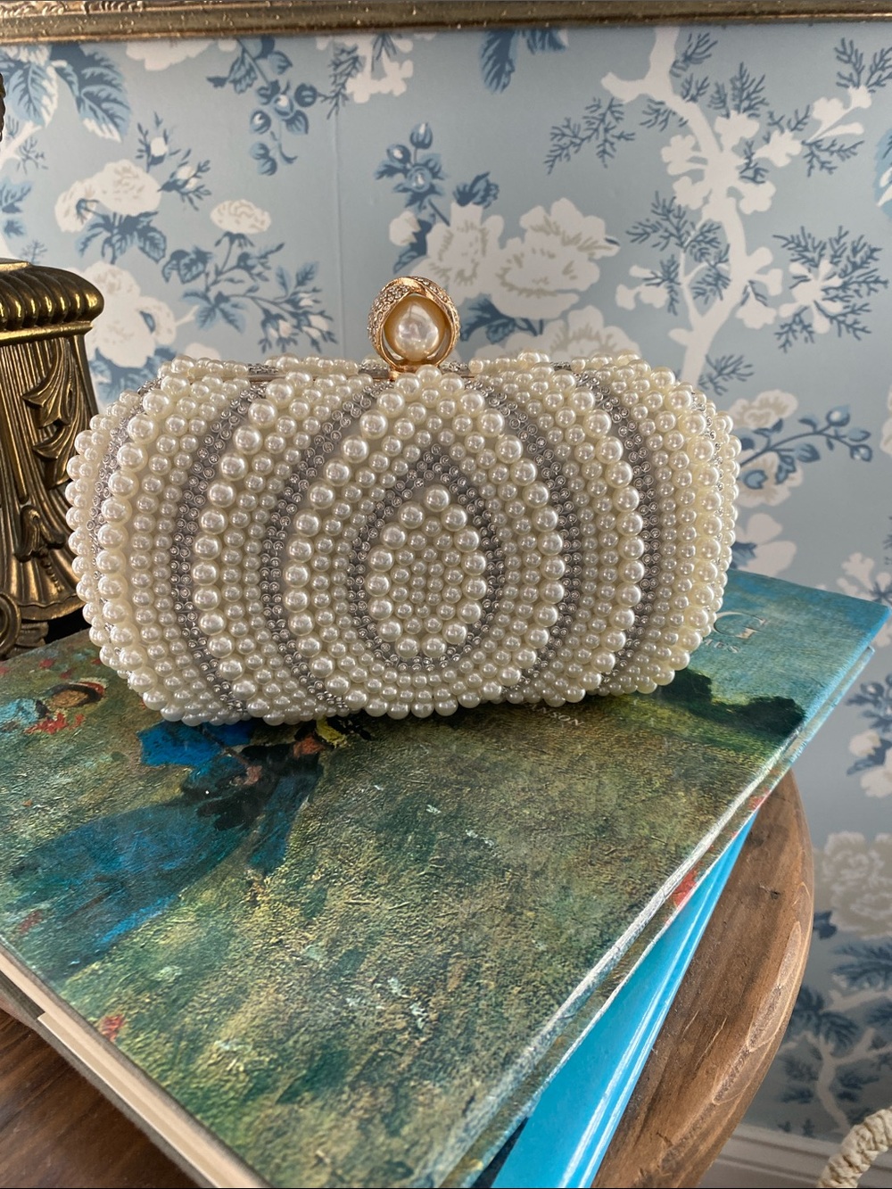 Pearl Beaded Evening Clutch with Gold Pearl Clasp - Cream